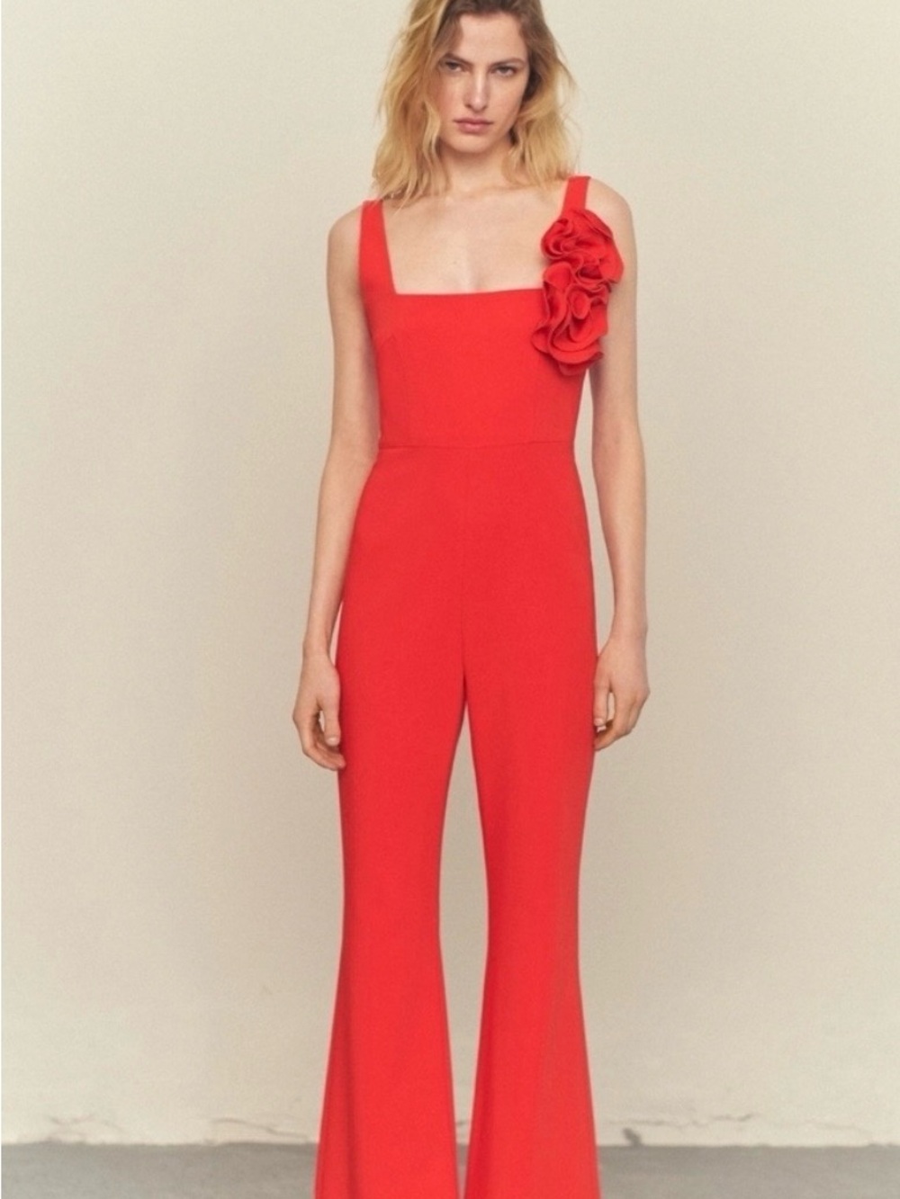 Mango Red Square-Neck Floral-Shoulder Jumpsuit